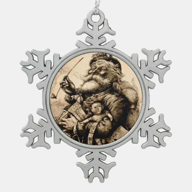 Vintage Santa Claus Snowflake Pewter Christmas Ornament (Front)