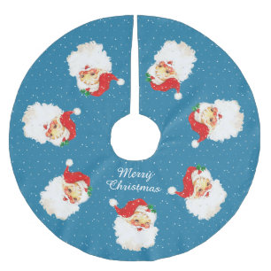 Vintage Santa Claus & Snowflakes on Blue Brushed Polyester Tree Skirt
