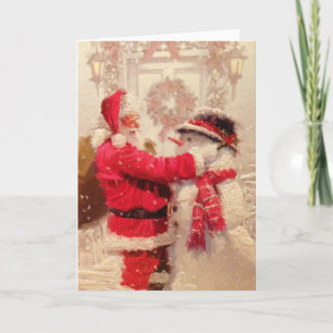 Vintage Santa Claus Snowman Christmas Card