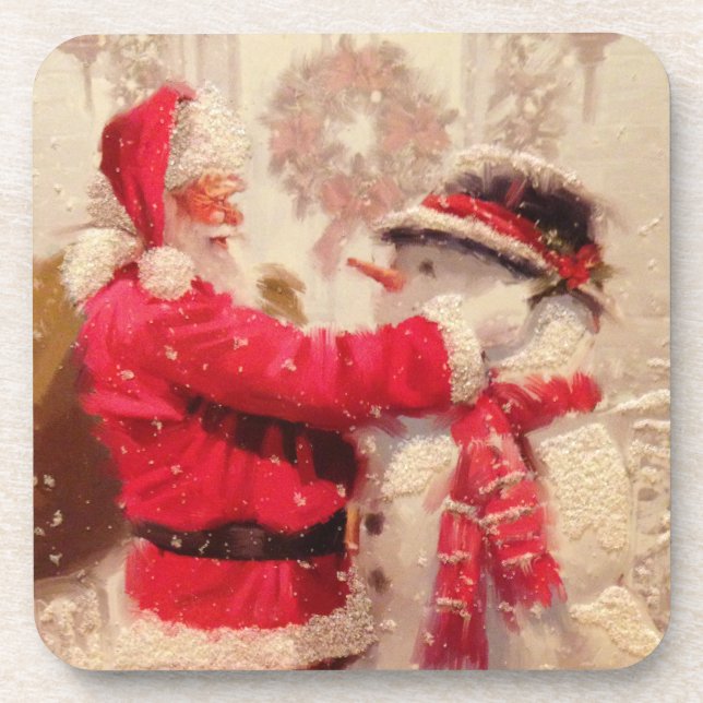 Vintage Santa Claus Snowman Christmas Coaster (Front)