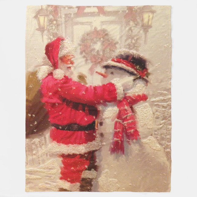 Vintage Santa Claus Snowman Christmas Fleece Blanket (Front)