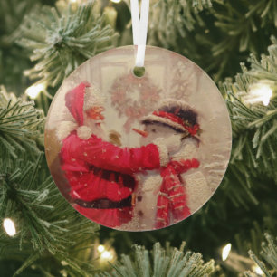 Vintage Santa Claus Snowman Christmas Glass Tree Decoration