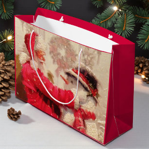 Vintage Santa Claus Snowman Christmas Large Gift Bag
