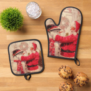 Vintage Santa Claus Snowman Christmas Oven Mitt & Pot Holder Set
