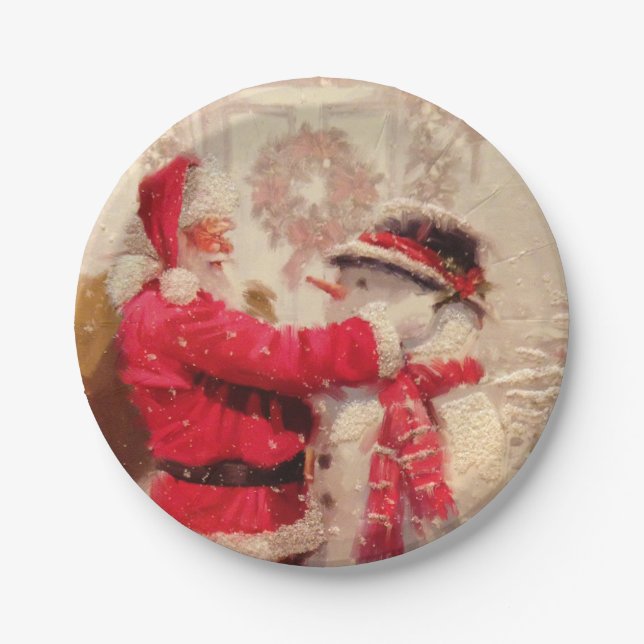 Vintage Santa Claus Snowman Christmas Paper Plate (Front)