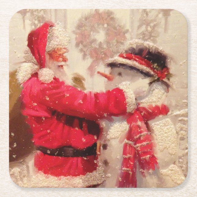 Vintage Santa Claus Snowman Christmas Square Paper Coaster (Front)