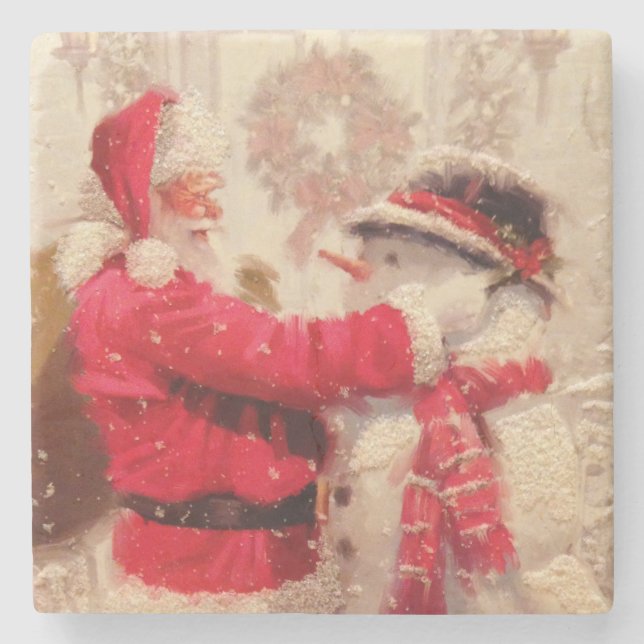 Vintage Santa Claus Snowman Christmas Stone Coaster (Front)
