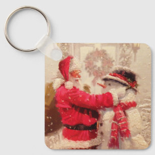 Vintage Santa Claus Snowman Winter Christmas Key Ring