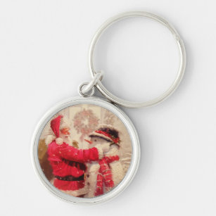 Vintage Santa Claus Snowman Winter Christmas Key Ring