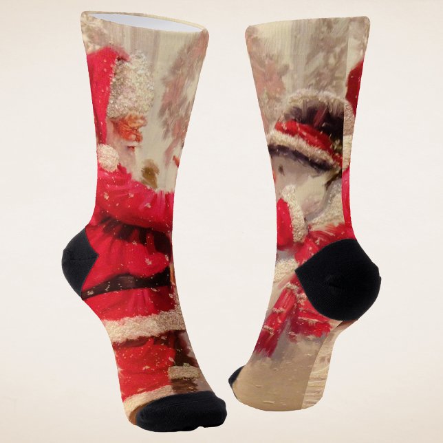 Vintage Santa Claus Snowman Winter Christmas Socks (Creator Uploaded)