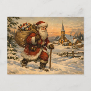 Vintage Santa Claus Walking in the Snow Holiday Postcard