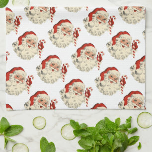 Vintage Santa Claus with Candy Cane. Tea Towel