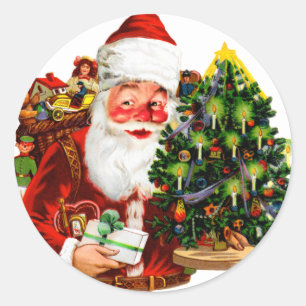 Vintage Santa Claus with Christmas Tree Gifts Classic Round Sticker