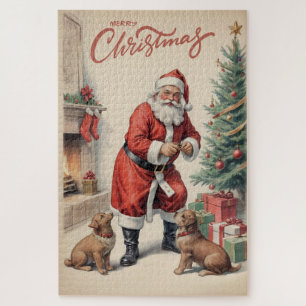 Vintage Santa Claus With Dogs Merry Christmas Jigsaw Puzzle