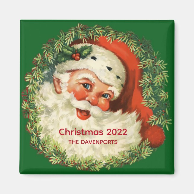 Vintage Santa Claus with Pine Wreath Christmas Magnet (Front)