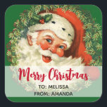 Vintage Santa Claus with Pine Wreath Christmas Square Sticker<br><div class="desc">Stickers with a retro image featuring a smiling happy Santa Claus surrounded by a pine wreath with a sprig of holly in his cap.</div>