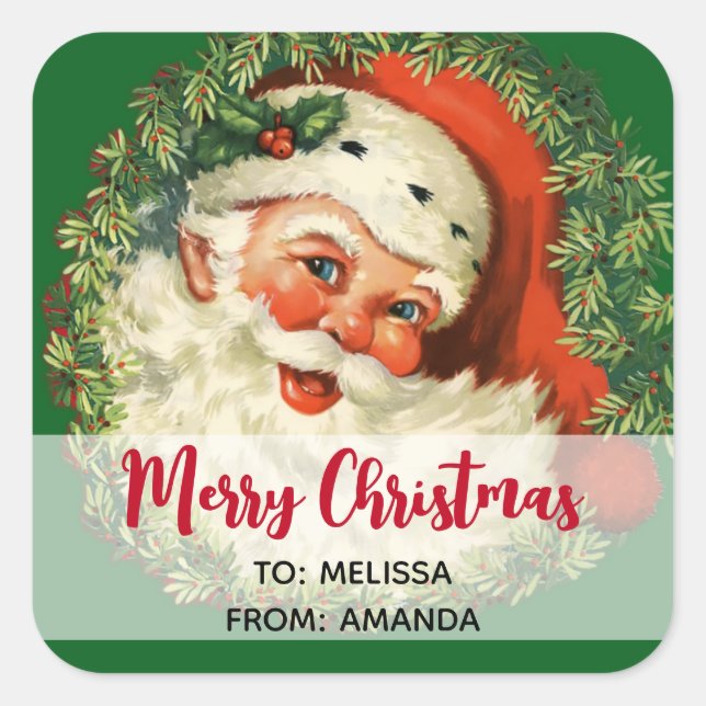 Vintage Santa Claus with Pine Wreath Christmas Square Sticker (Front)