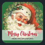 Vintage Santa Claus with Pine Wreath Christmas Square Sticker<br><div class="desc">Stickers with a retro image featuring a smiling happy Santa Claus surrounded by a pine wreath with a sprig of holly in his cap.</div>