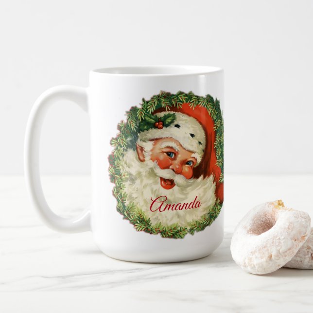 Vintage Santa Claus with Pine Wreath Coffee Mug (With Donut)