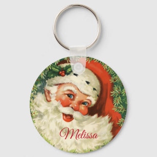 Vintage Santa Claus with Pine Wreath Key Ring