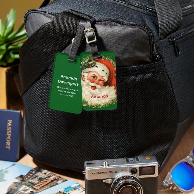 Vintage Santa Claus with Pine Wreath Luggage Tag (Front & Back)