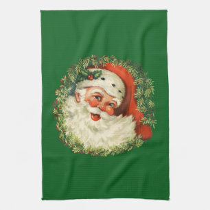 Vintage Santa Claus with Pine Wreath Tea Towel