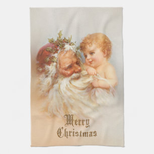 Vintage Santa Claus with Smiling Child Tea Towel