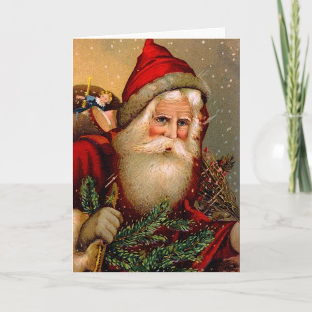 Vintage Santa Claus with Walking Stick Holiday Card (Front)