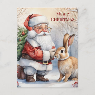 Vintage Santa Clause and His Rabbit on a Snowy Day Postcard