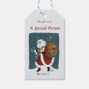 Vintage Santa Clause Watercolor Drawing Believe  Gift Tags