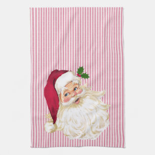 Vintage Santa Cranberry & White Stripe Tea Towel