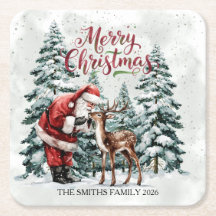 Vintage Santa & Deer Christmas Square Coaster