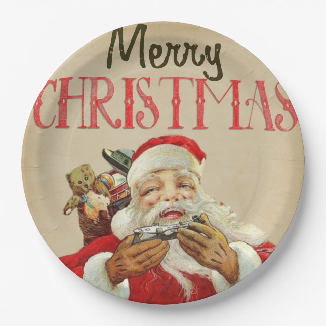 Vintage Santa Delivers Merry Christmas Toys Paper Plate (Front)