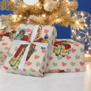 Vintage Santa Doll Nostalgia Hearts Wrapping Paper