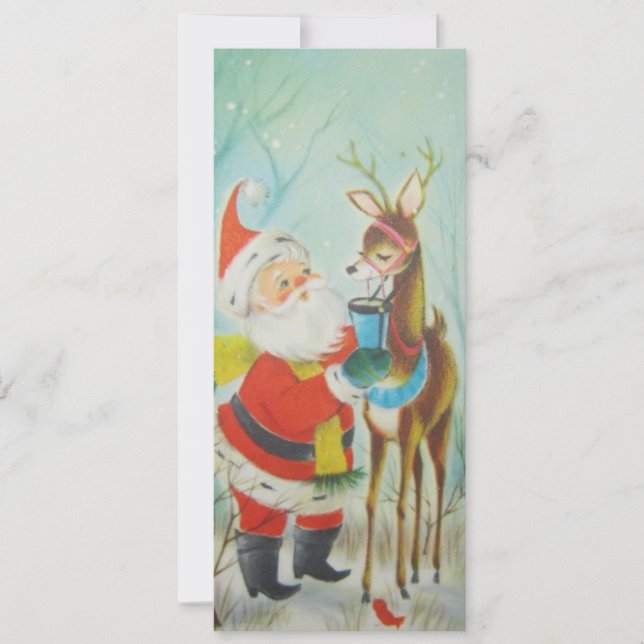 Vintage Santa Drinking Cocoa With Reindeer Holiday Card (Front)