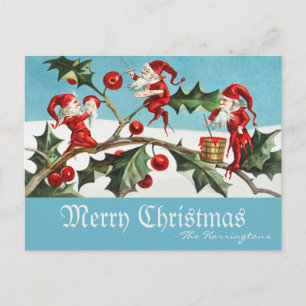 Vintage Santa Elves Merry Christmas Retro Blue Holiday Postcard
