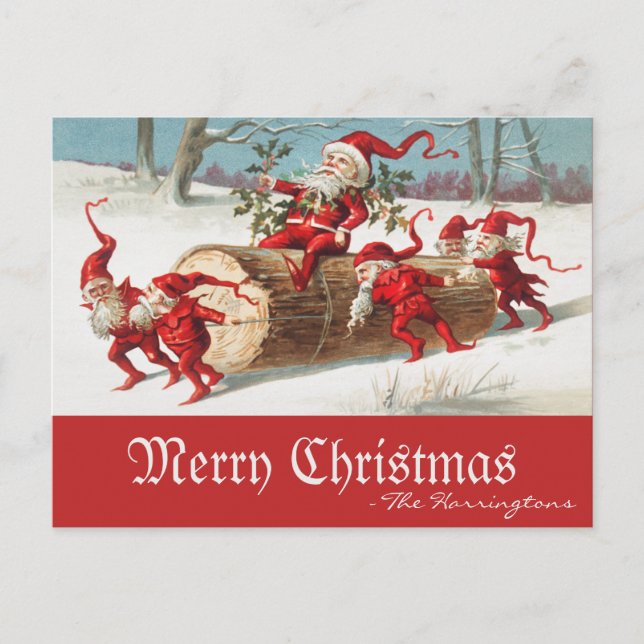 Vintage Santa Elves Merry Christmas Retro Holiday Postcard (Front)