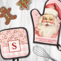 Vintage Santa Face Pink Gingham Monogrammed