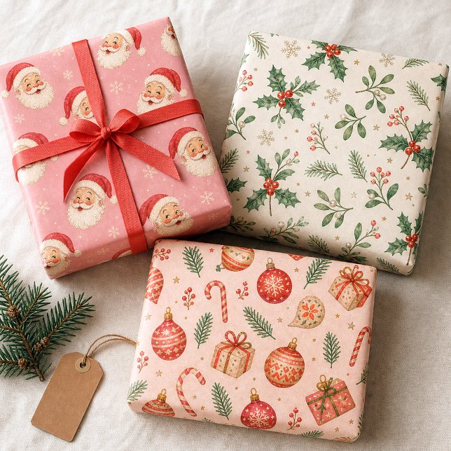 Vintage Santa Faces Pink Wrapping Paper (Creator Uploaded)