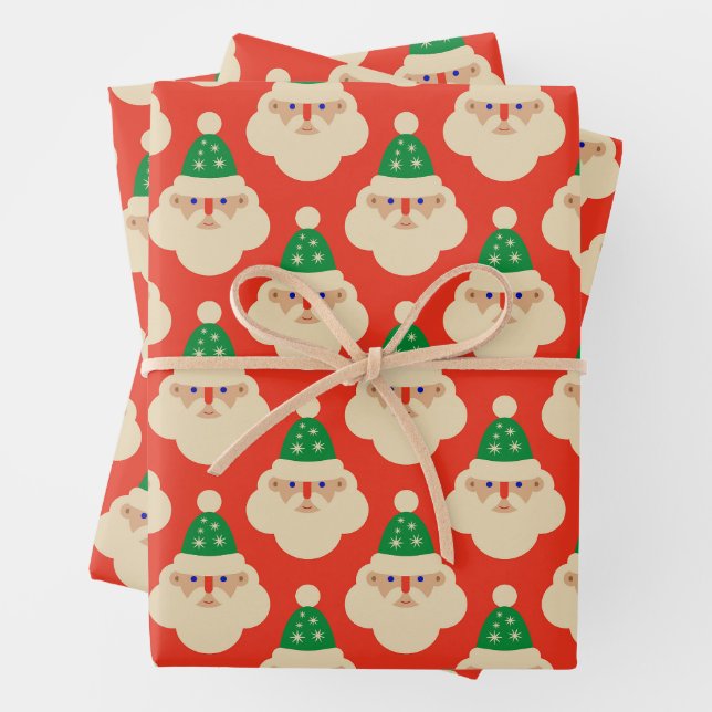 Vintage Santa Faces Red  Wrapping Paper Sheet (In situ)
