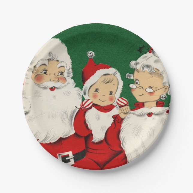Vintage Santa Family Christmas Paper Plate (Front)