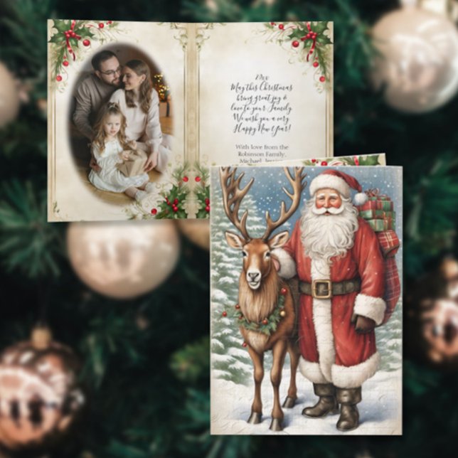 Vintage Santa Father Christmas Reindeer Decoupage Holiday Card (Creator Uploaded)