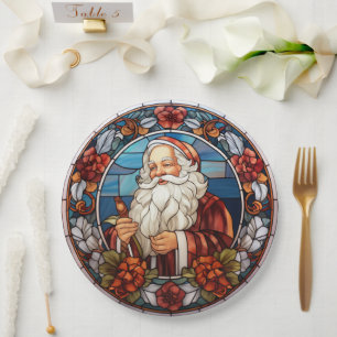 Vintage Santa Faux Stained Glass Holiday Paper Plate