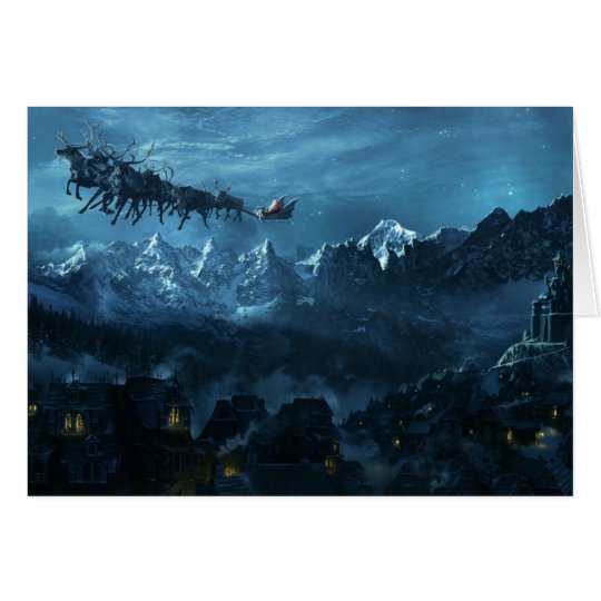 Vintage Santa Flying Over Village Card
