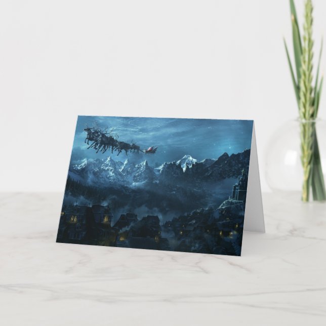 Vintage Santa Flying Over Village Holiday Card (Front)