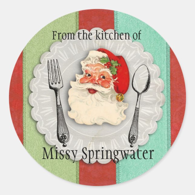 Vintage Santa fork spoon culinary Christmas label (Front)