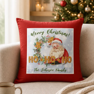Vintage Santa & Gingerbread Ho-Ho-Ho Personalized Cushion
