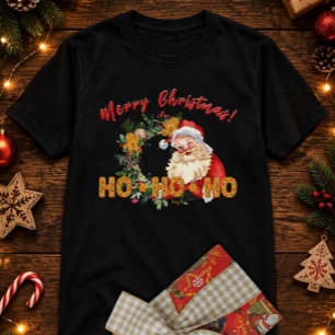 Vintage Santa & Gingerbread Ho-Ho-Ho Vibrant Print T-Shirt