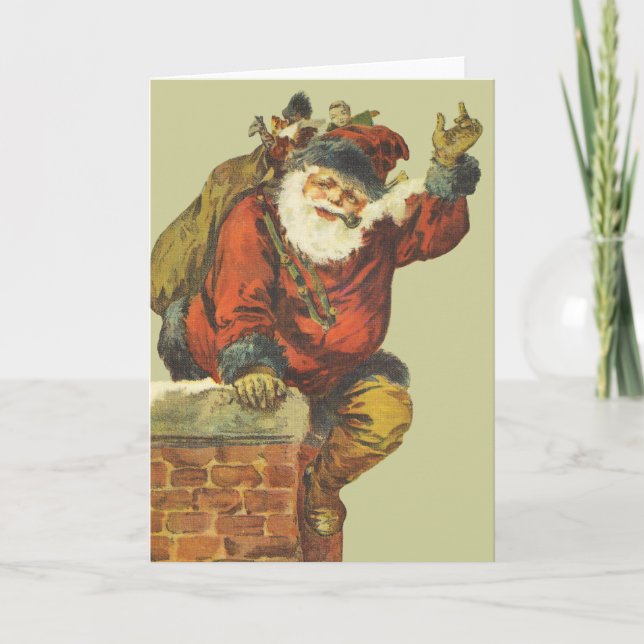 Vintage Santa Going Down Chimney Holiday Card (Front)