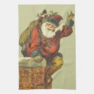 Vintage Santa Going Down Chimney Tea Towel